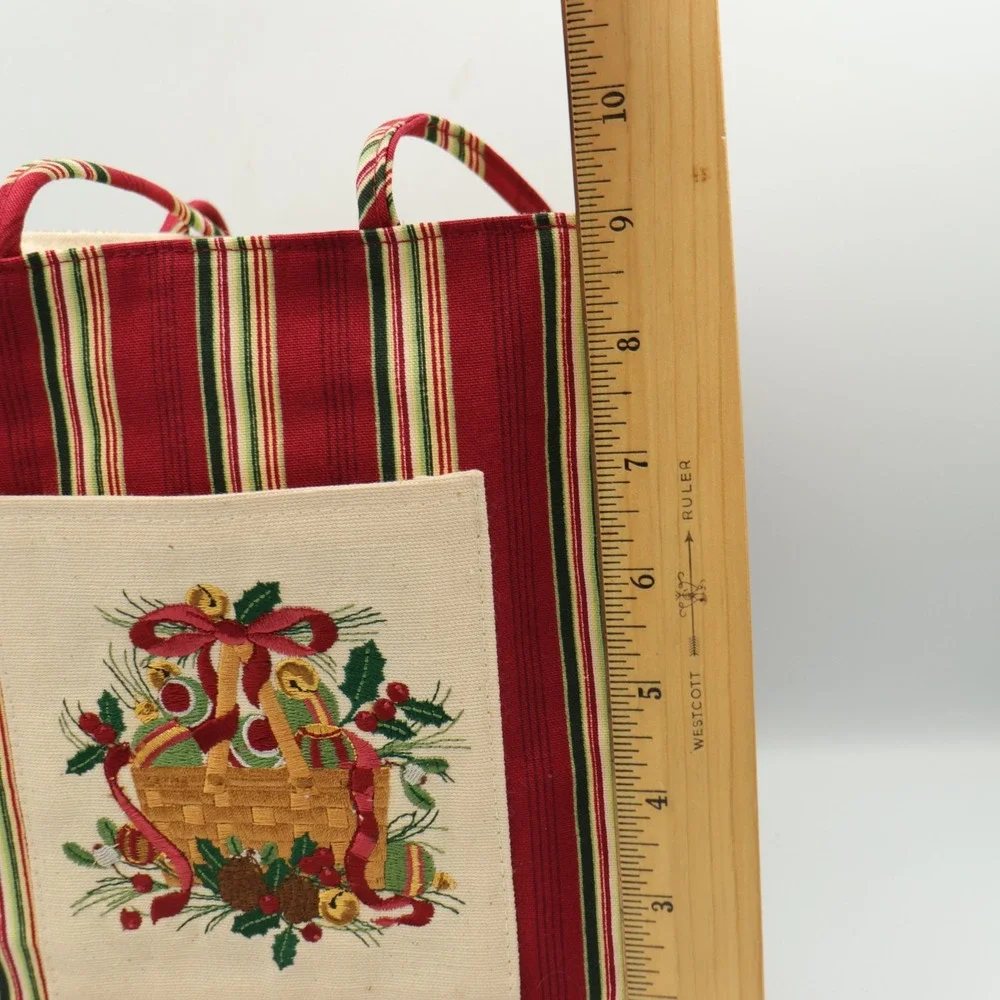 Longaberger Christmas Fabric Gift Bag Tote Holiday Holly Ribbon Basket Bells